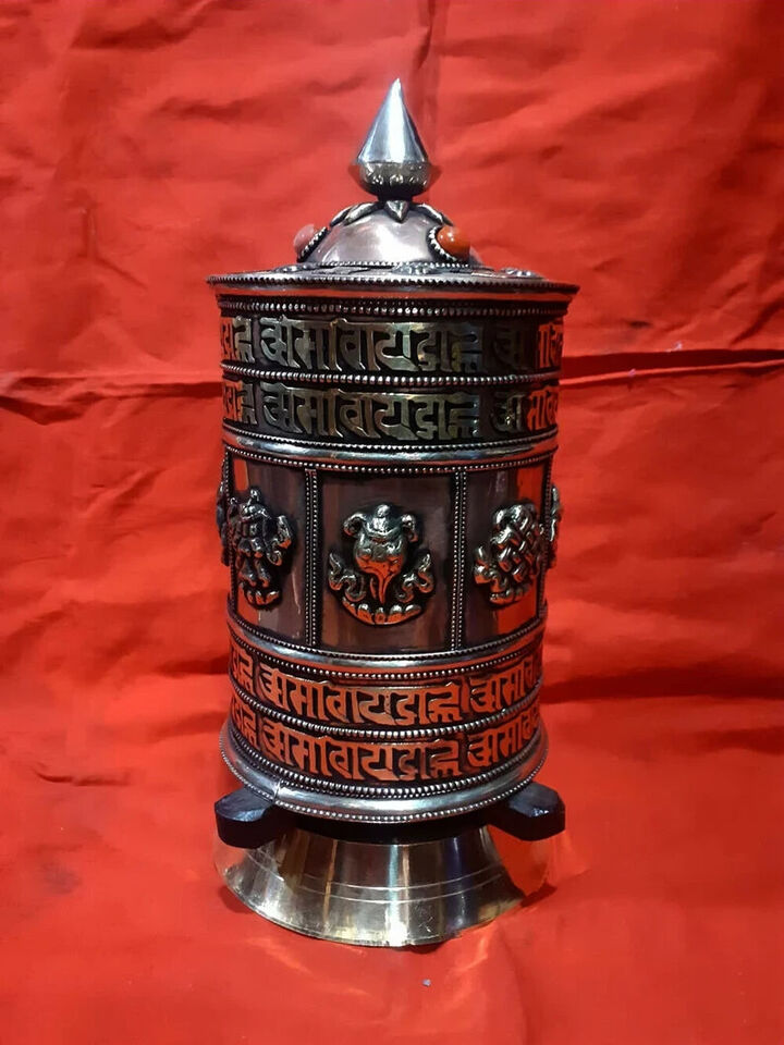 Tibetan Om Mani Padme Hum Mantra 8 Auspicious Sign Copper Brass Prayer Wheel Nepal