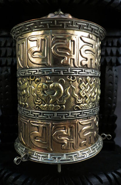 Tibetan 8 Auspicious Sign Om Mantra Wooden Carved Frame Meditation Offering Copper Prayer Wheel Nepal