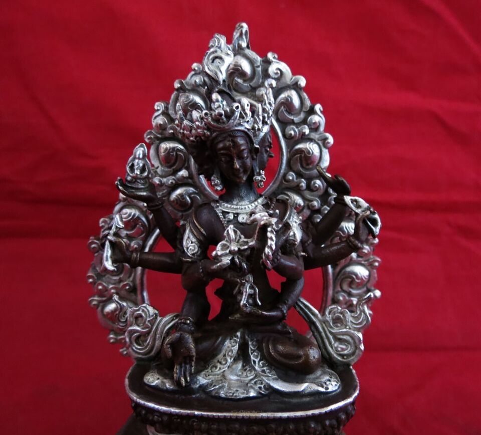 Buddhism Goddess Namgyalma Ushnishavijaya Silver Plated Oxide Copper Statue Figure Nepal