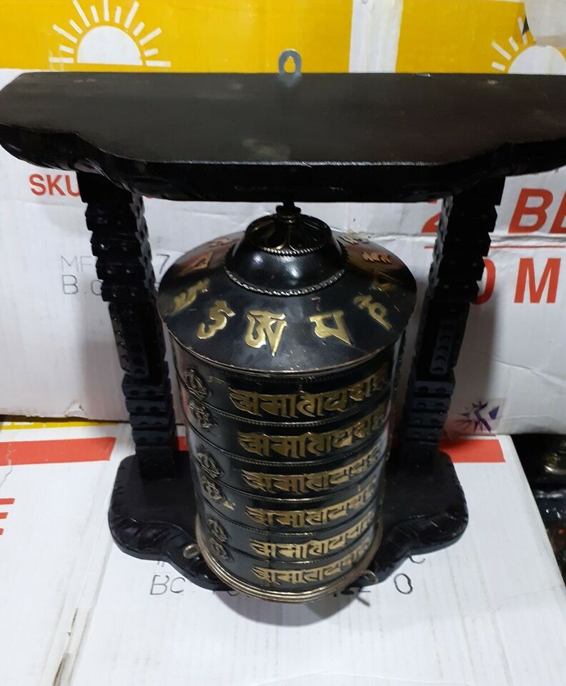 6 Lane Buddhism Om Mani Padme Hum Mantra Copper Brass Handmade Wooden Frame Prayer Wheel Nepal