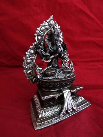 Tibetan Buddhism Lord Chenrezig Khacheri Silver Oxide Copper Statue Figure Nepal