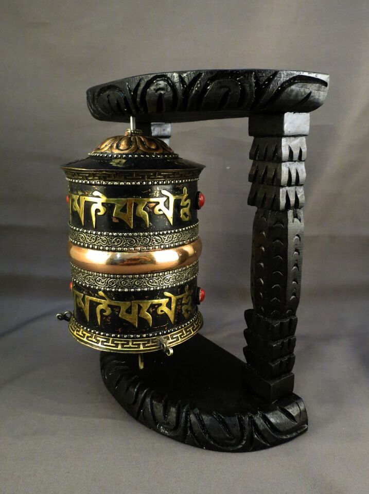 Tibetan Buddhism Om Mantra Meditation Offering Copper Oxide Wooden Frame Prayer Wheel Nepal