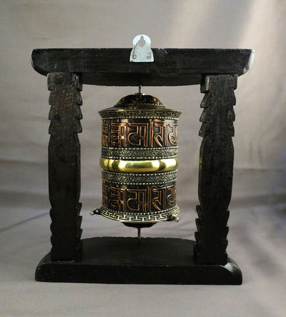 Buddhism Om Mantra Copper Meditation Offering Copper Oxide Wooden Frame Offering Prayer Wheel Nepal