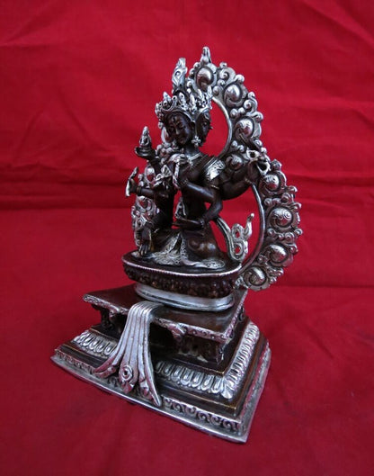 Buddhism Goddess Namgyalma Ushnishavijaya Silver Plated Oxide Copper Statue Figure Nepal