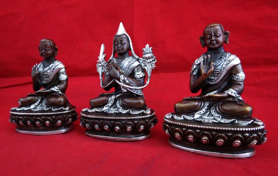 Tibetan Set of Tsongkhapa Silver Plated Oxide Fine 3.5" Copper Handmade Statue Figure Nepal