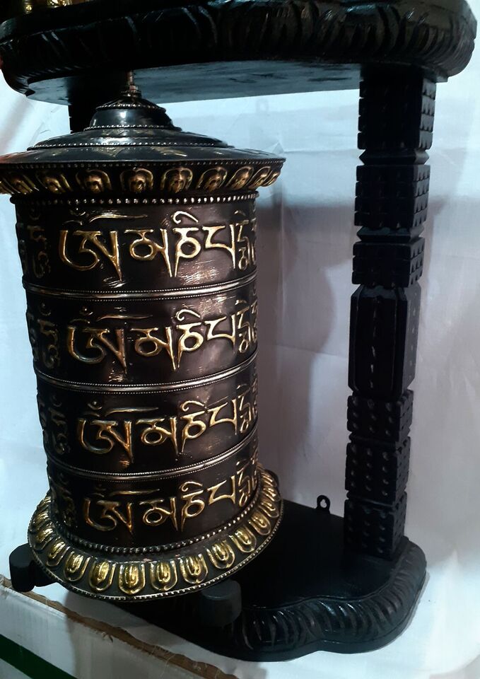 Tibetan Buddhism 4 Lane Offering Om Mani Padme Hum Mantra Wooden Craved Frame Copper Prayer Wheel Nepal