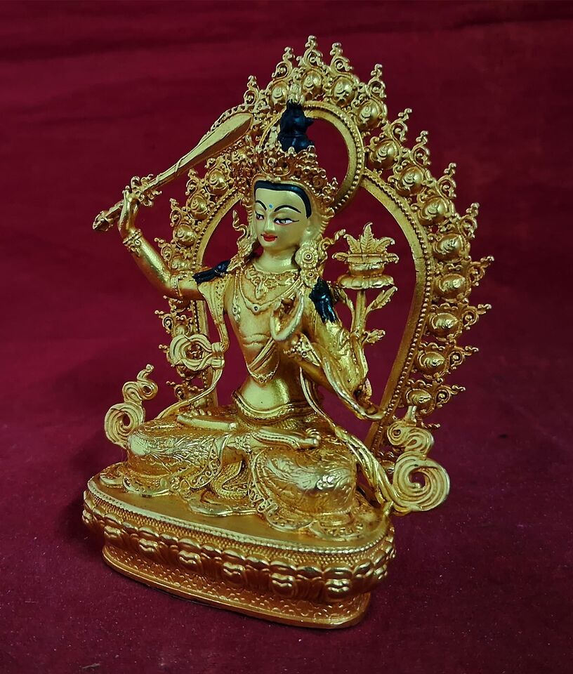 Buddhism Goddess Manjushri Gold Face Paint Copper Gold Plated Statue Figure