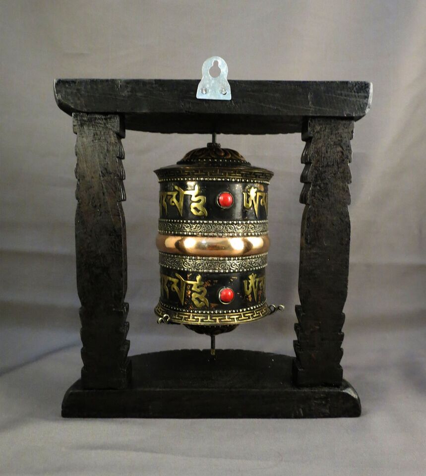 Tibetan Buddhism Om Mantra Meditation Offering Copper Oxide Wooden Frame Prayer Wheel Nepal