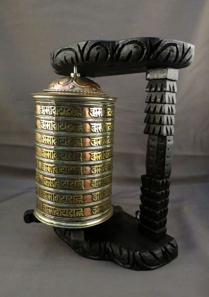 Tibetan Buddhism Om Mantra Meditation Offering Copper Wooden Frame Prayer Wheel Nepal