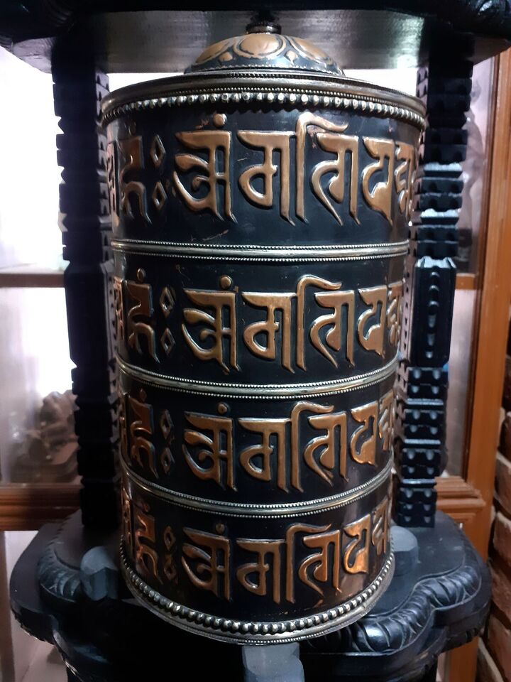 Tibetan Buddhism Om Mani Padme Hum Mantra Wooden Frame Copper Prayer Wheel Nepal