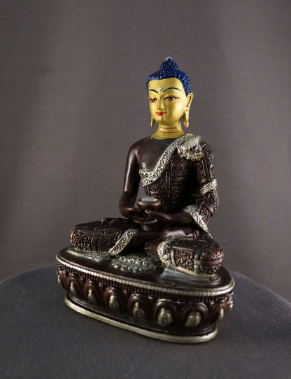 Buddhism Gold Face Hand Painting Lord Amitabha Buddha Silver Oxide Copper Statue Figure Nepal