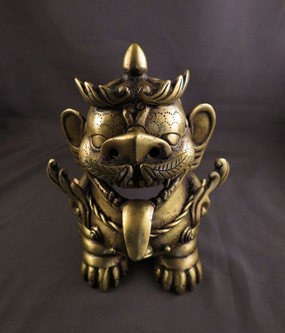 Tibetan Pair of Lion Feng Shui Lions Foo Fu Dog Guardian Singha Brass Figure Sculpture Statue free