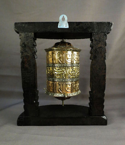 Tibetan 8 Auspicious Sign Om Mantra Wooden Carved Frame Meditation Offering Copper Prayer Wheel Nepal