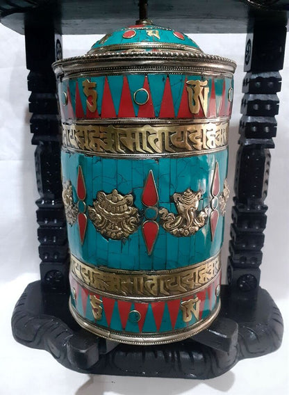 Tibetan Buddhism Om Mantra Resin Stone Copper Brass Handmade Wooden Frame Prayer Wheel Nepal