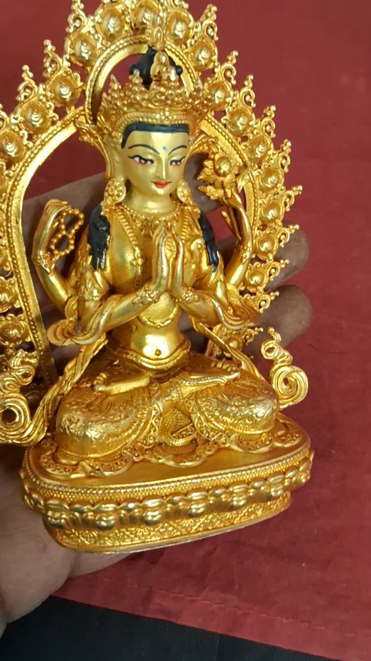 Tibetan Buddhism Goddess Chenrezig Khacheri Copper Gold Plated Statue Figure Nepal