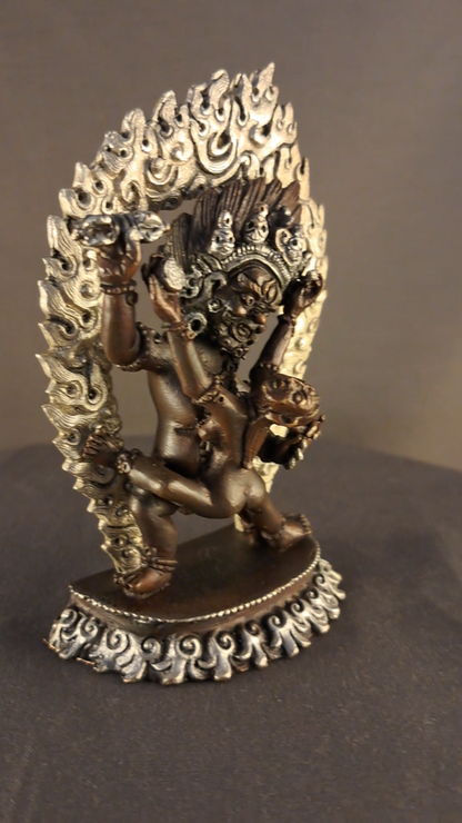 Buddhism Protector God Vajrapani with Consort Silver Plated Copper Oxide Statue Nepal