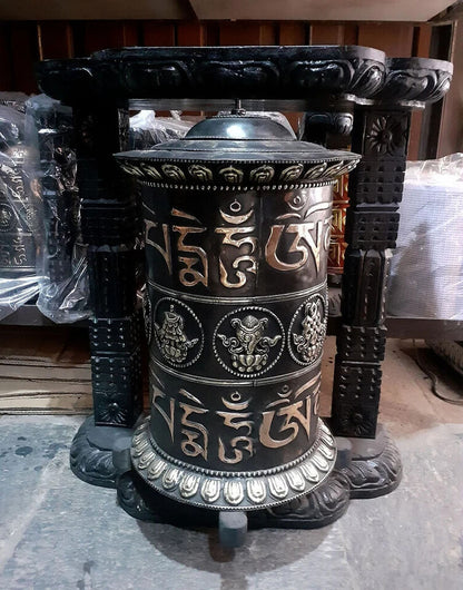 Tibetan Buddhism Om Mantra 8 Auspicious Sign 25" Wooden Carved Frame Offering Copper Prayer Wheel Nepal