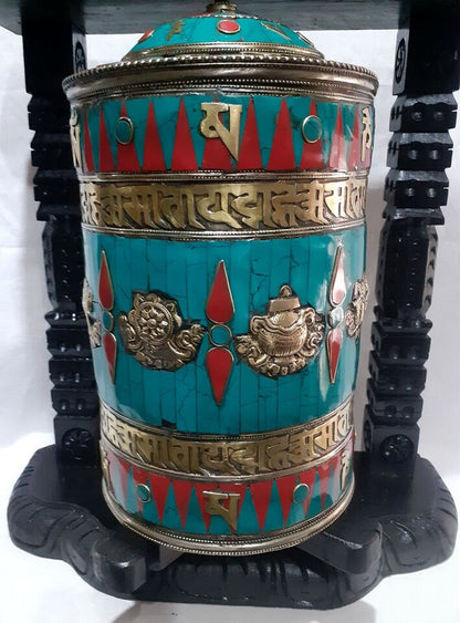 Tibetan Buddhism Om Mantra Resin Stone Copper Brass Handmade Wooden Frame Prayer Wheel Nepal