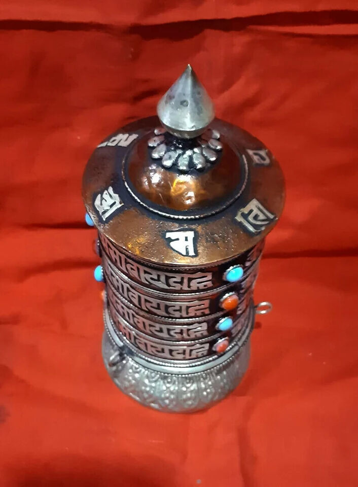 Buddhism Om Mani Padme Hum Mantra 8" Oxide Copper Brass Handmade Offering Prayer Wheel Nepal