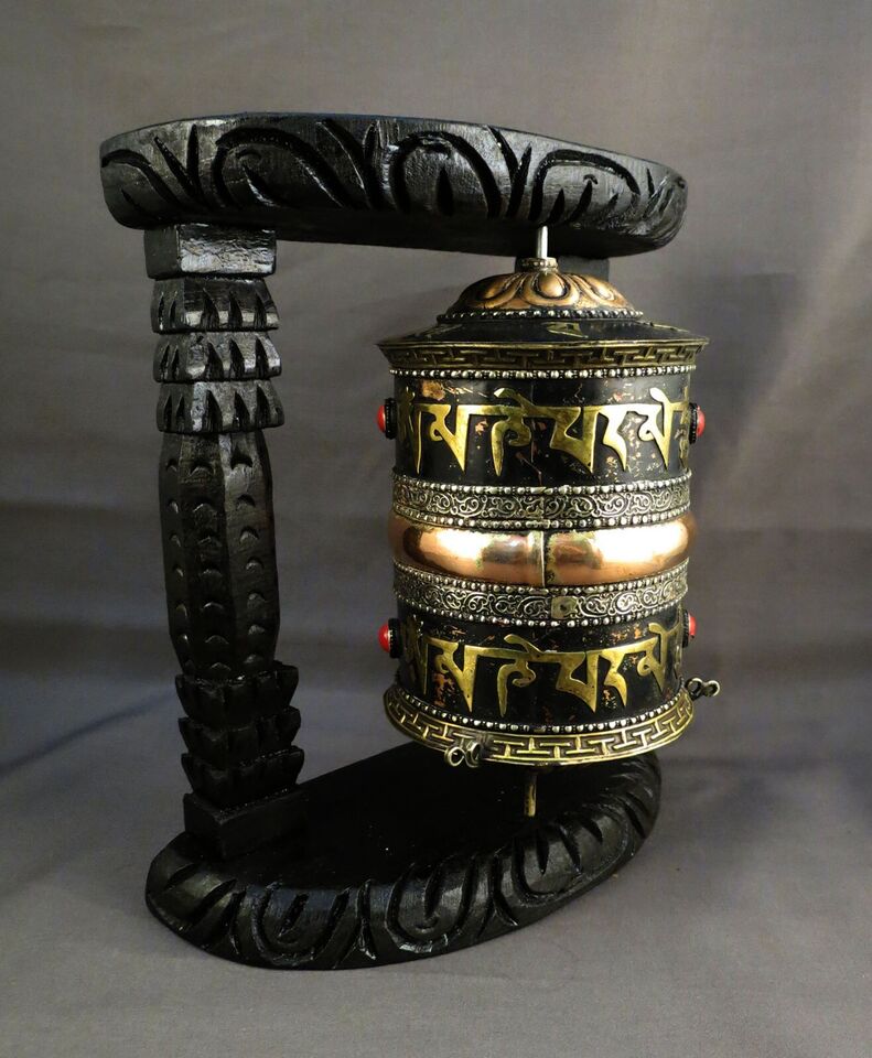 Tibetan Buddhism Om Mantra Meditation Offering Copper Oxide Wooden Frame Prayer Wheel Nepal