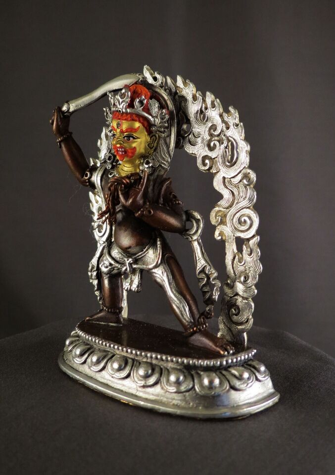 Buddhism Gold Face Lord Khadga Pani Copper Oxide Silver Plated Figure Statue Nepal