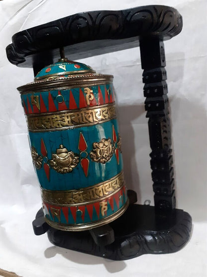 Tibetan Buddhism Om Mantra Resin Stone Copper Brass Handmade Wooden Frame Prayer Wheel Nepal