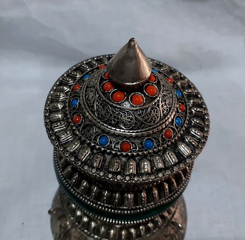 Tibetan Buddhism Om Mantra Resin Turquoise Coral Stone Copper White Metal Handmade Prayer Wheel Nepal