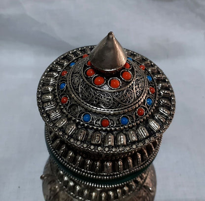 Tibetan Buddhism Om Mantra Resin Turquoise Coral Stone Copper White Metal Handmade Prayer Wheel Nepal