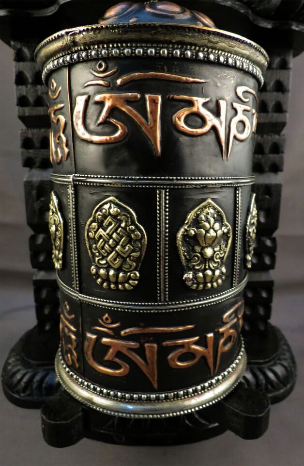 Tibetan Buddhism Om Mantra Auspicious Meditation Offering Oxide Wooden Frame Copper Prayer Wheel Nepal