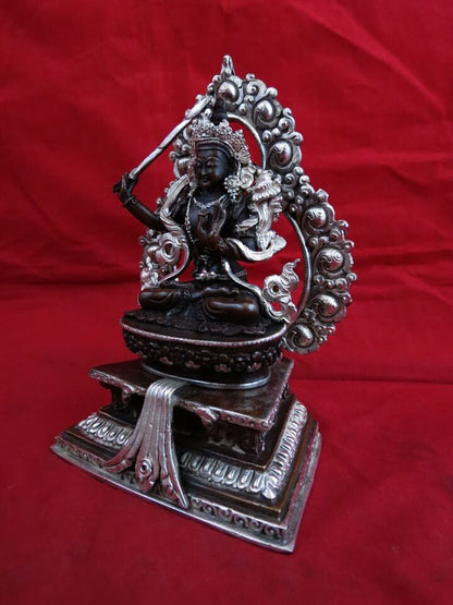 Buddhism Goddess Manjushree Manjushri Copper Silver Oxide Statue Figure Nepal