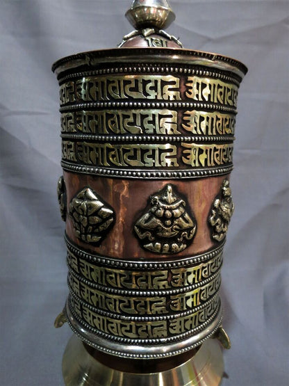 Buddhism Om Mantra 8 Auspicious Sign Brass Copper Offering Table Stand Prayer Wheel Nepal