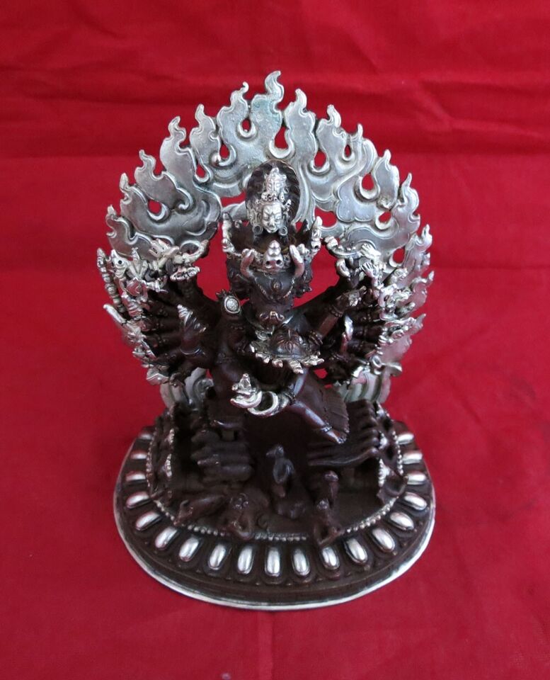 Tibetan Buddhism Wrathful Yamantaka with Consort 5" Copper Oxide Silver Plated Statue Nepal