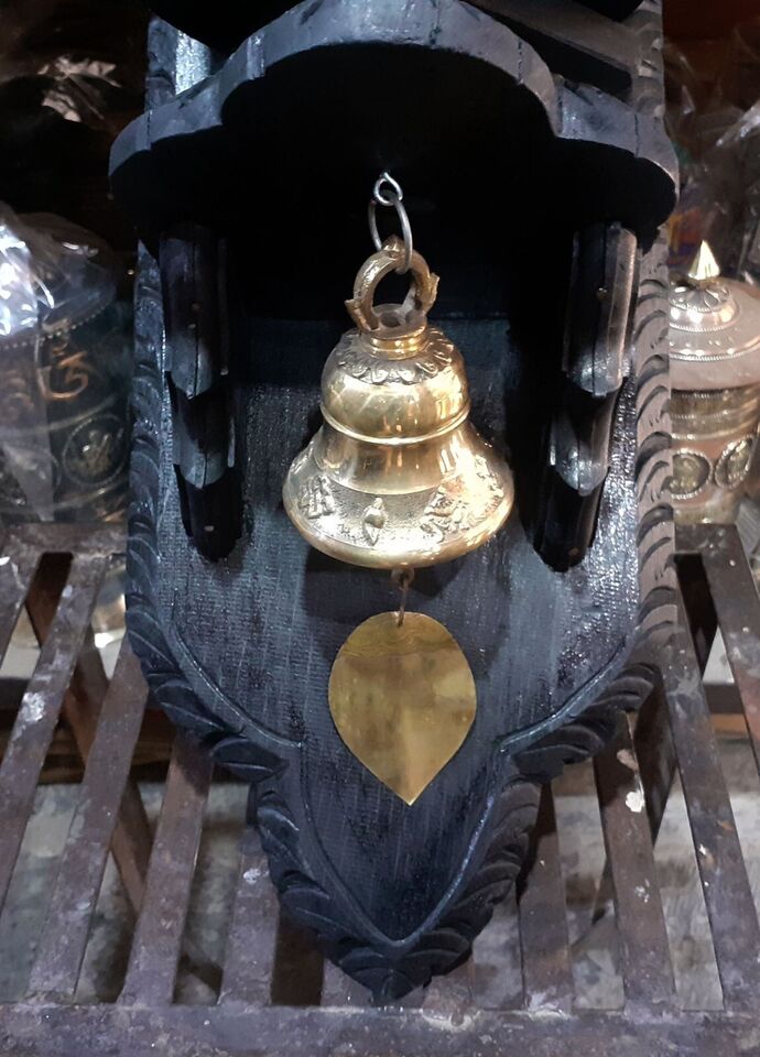 Buddhism 8 Auspicious Sign Om Mantra Wooden Carved Frame Copper Brass Hanging Offering Prayer Wheel Wind bell Nepal