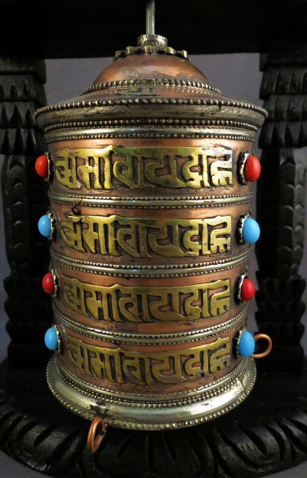 Buddhism Om Mantra Spirituality Offering Wooden Frame Copper Brass Prayer Wheel Nepal