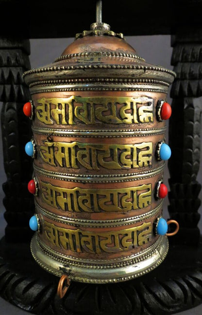 Buddhism Om Mantra Spirituality Offering Wooden Frame Copper Brass Prayer Wheel Nepal