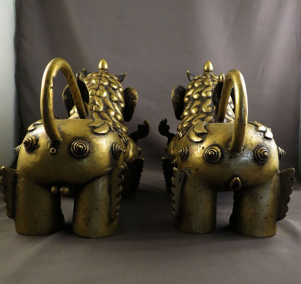 Tibetan Pair of Lion Feng Shui Lions Foo Fu Dog Guardian Singha Brass Figure Sculpture Statue free