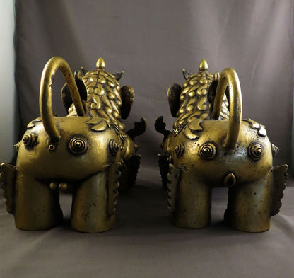 Tibetan Pair of Lion Feng Shui Lions Foo Fu Dog Guardian Yellow Color Singha Brass Statue Figure Nepal