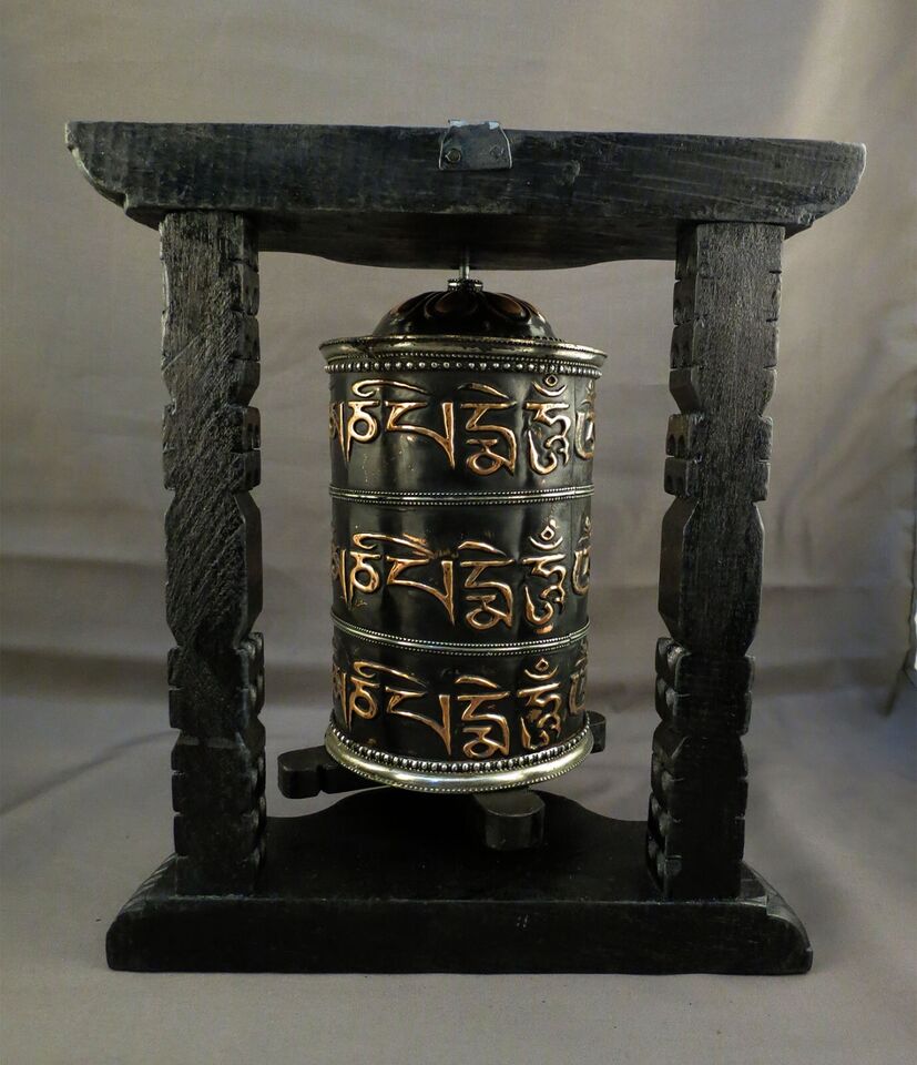 Tibetan Buddhism Om Mani Padme Hum Mantra Wooden Craved Frame Offering Oxide Copper Prayer Wheel Nepal