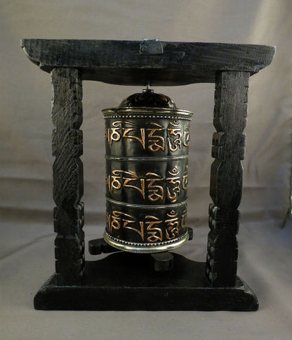 Tibetan Buddhism Om Mani Padme Hum Mantra Wooden Craved Frame Offering Oxide Copper Prayer Wheel Nepal