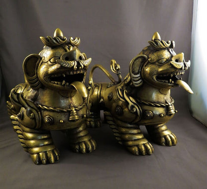 Tibetan Pair of Lion Feng Shui Lions Foo Fu Dog Guardian Singha Brass Figure Sculpture Statue free