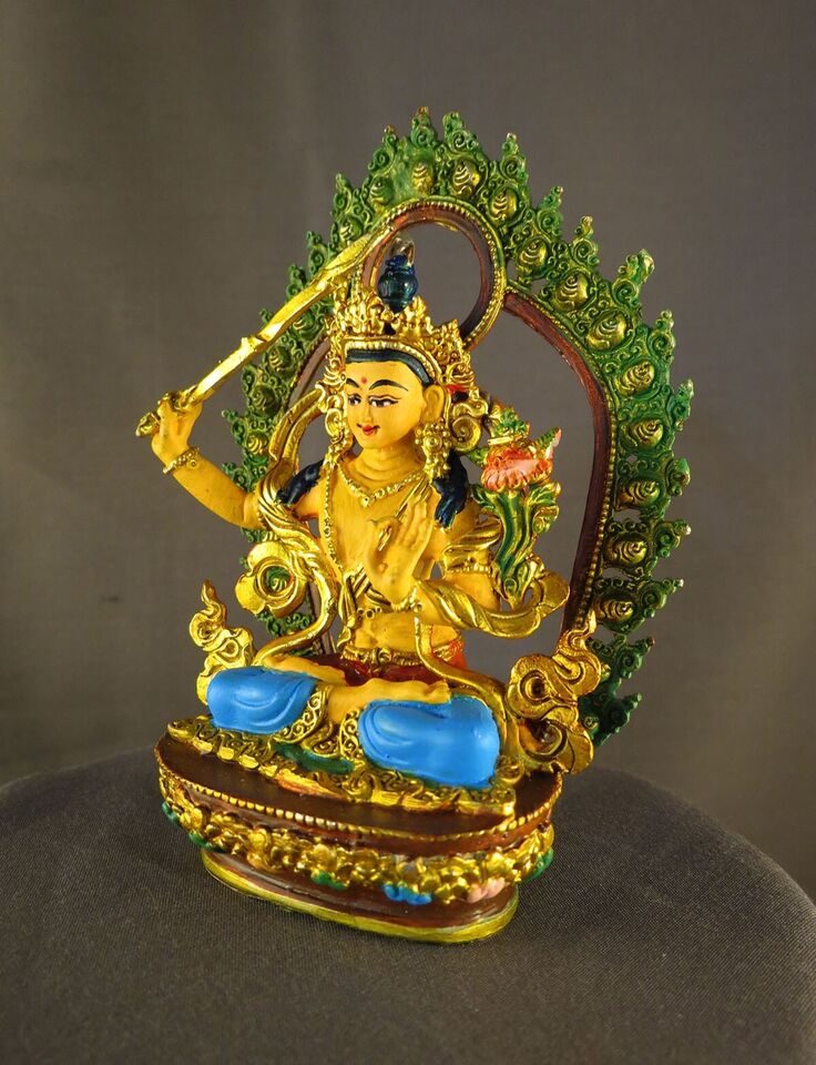 Buddhism Gold Plated Goddess Manjushri Hand Painting Copper Statue Figure Nepal