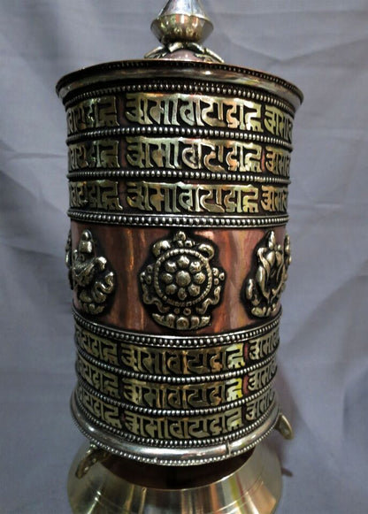 Buddhism Om Mantra 8 Auspicious Sign Brass Copper Offering Table Stand Prayer Wheel Nepal