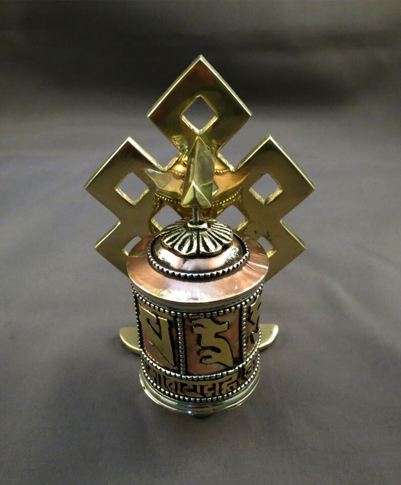 Tibetan Buddhism Om Mantra Endless Knot Sign Copper Brass Handmade Offering Prayer Wheel Nepal