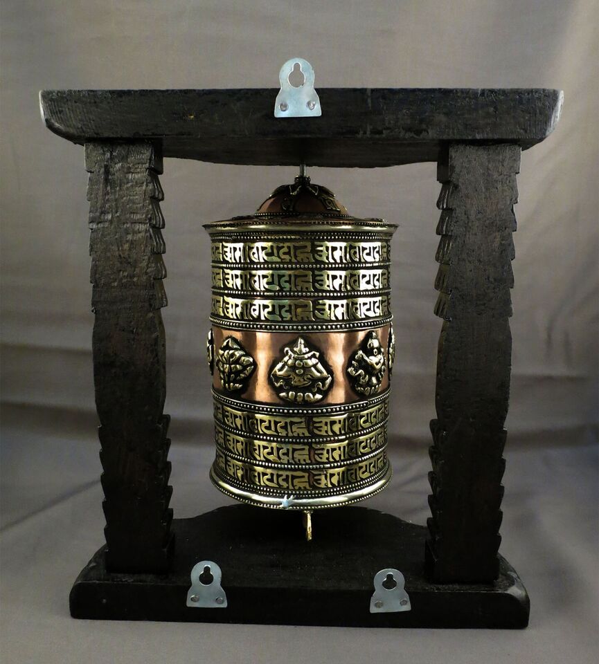 Buddhism Om Mantra 8 Auspicious Meditation Offering Wooden Frame Copper Prayer Wheel Nepal