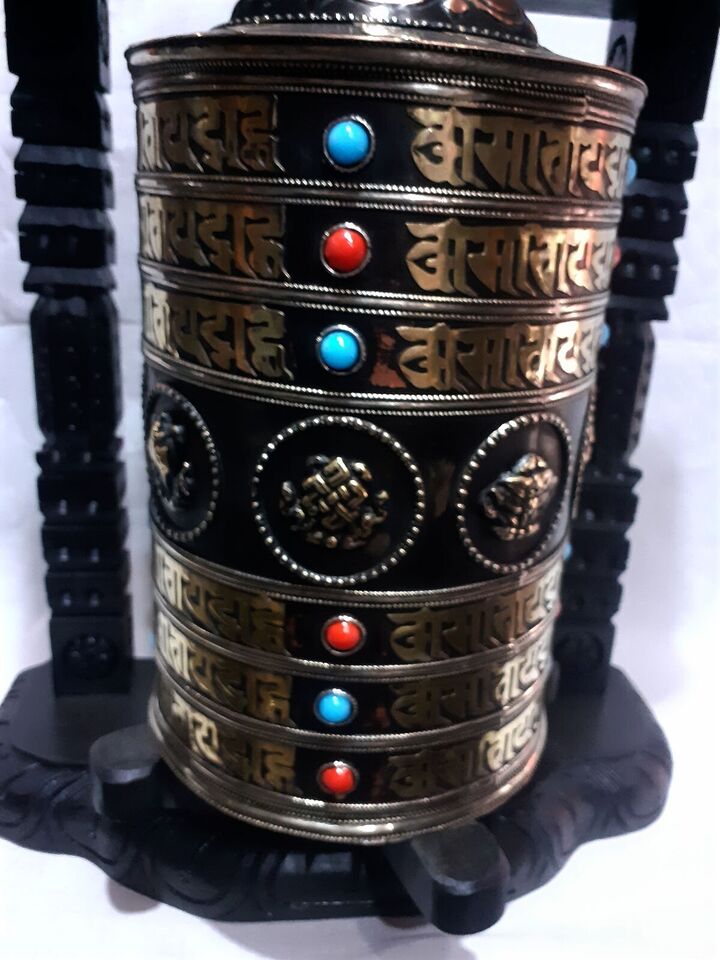 Tibetan 8 Auspicious Ritual Sign Om Mantra Wooden Carving Frame Copper Brass Prayer Wheel Nepal