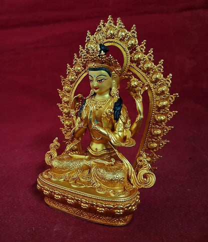 Tibetan Buddhism Goddess Chenrezig Khacheri Copper Gold Plated Statue Figure Nepal