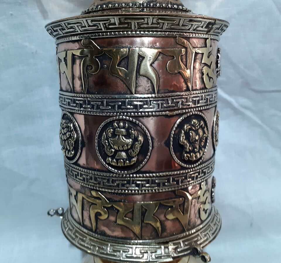 Tibetan Buddhism 8 Auspicious Sign Om Mantra Copper Brass Handmade 8" Offering Prayer Wheel Nepal free