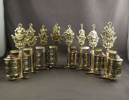 Tibetan Buddhism Set of 8 Auspicious Ritual Sign Om Mantra Table Stand Hanging Offering Copper Brass Prayer Wheel Nepal