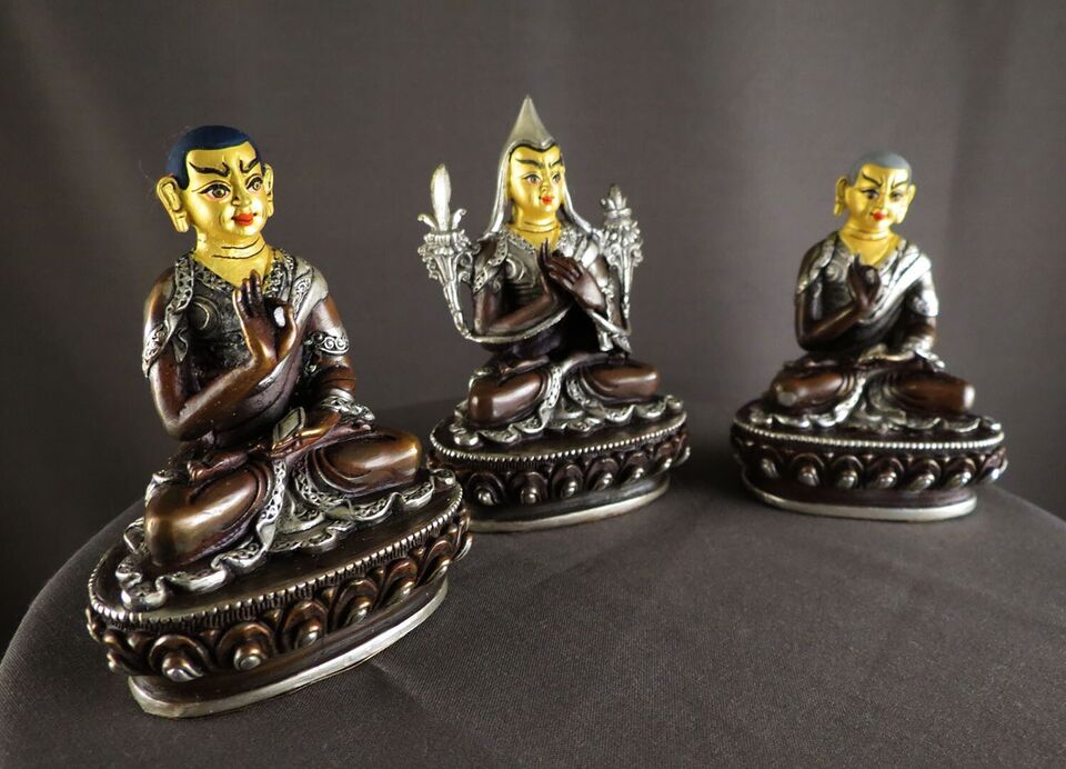 Tibetan Buddhism Gold Face Set of Tsongkhapa Silver Plated Oxide Copper Statue Figure Nepal