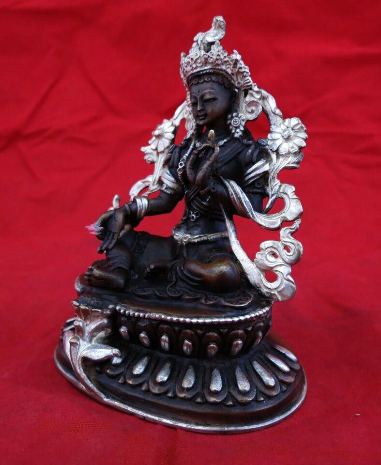 Buddhism Tibetan Goddess Green Tara Rupa Copper Silver Oxide Statue Figure Nepal